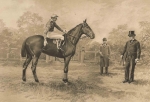 Engraving of Leopold de Rothschild and 'Pietri' and his trainer. c.1910