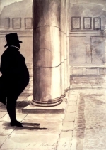 ‘The Shadow of a Great Man’ by Edouart. Caricature of Nathan Mayer Rothschild published in the month following his death and showing him standing at his favourite pillar at the Exchange.