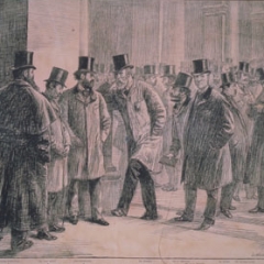 A cartoon by Lockhart Bogle from The Graphic dated 9th May 1891, showing Nathaniel 1st Lord Rothschild (Natty) (1840-1915),  Lionel Walter Rothschild (1868-1937) with Mr Hambro, Mr Montague and others